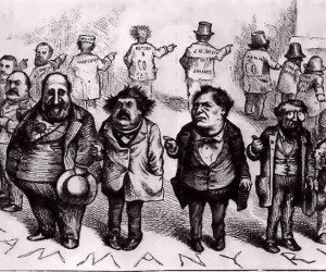 Круговая порука: «Скажите, кто спер народные деньги?» — «Это он» — и все показывают пальцами друг на друга. «Босс Твид» и его команда законодателей-взяточников. Карикатура XIX века