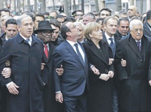 В марше памяти в Париже 11 января Биньямин Нетаниягу и Махмуд Аббас шли в одном ряду
