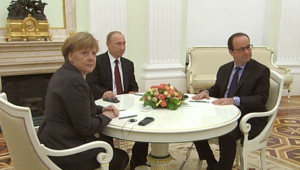 Ангела Меркель, Владимир Путин и Франсуа Олланд на встрече по Украине в Москве, 7 февраля 2015 года