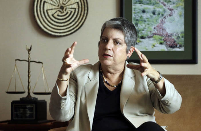 University of California President Janet Napolitano gestures while speaking to a reporter Tuesday, Sept. 30, 2014, in Oakland, Calif. Marking her one-year anniversary as leader of the 10-campus public college system, the former Homeland Security secretary said she shares the concerns of Californians who watched the percentage of nonresidents accepted rise sharply during the recession and that UC needs to look at whether it has struck “the right balance” between those higher-paying students and in-state students whose educations are partially funded by the state.  (AP Photo/Ben Margot)