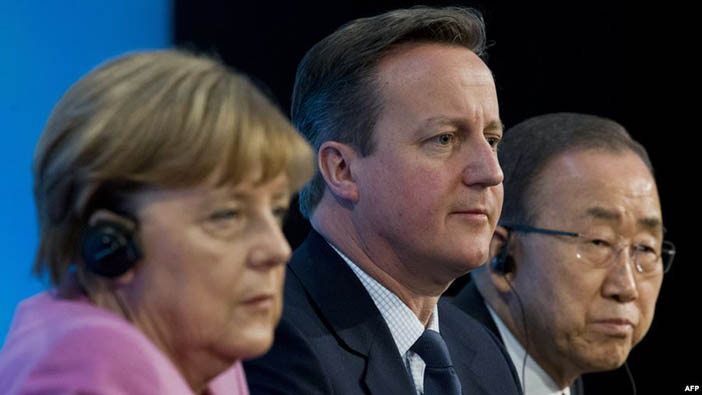 Меркель, Кэмерон и Пан Ги Мун  на сборе денег для Сирии