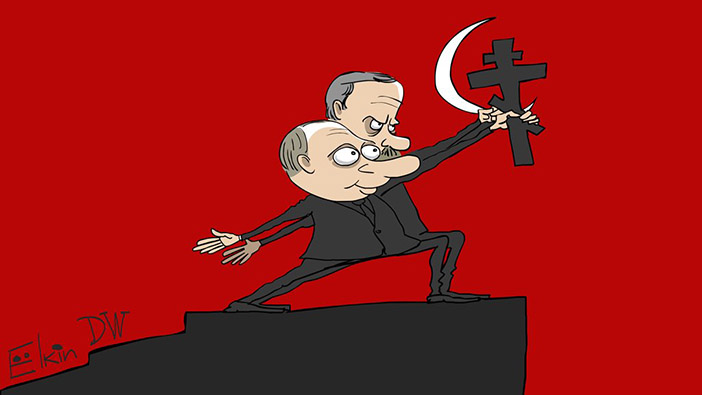 Путин и Эрдоган. Союз креста и полумесяца. Карикатура Сергея Ёлкина на сайте Deutsche Welle