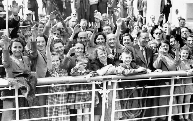 FILE - In this June 17, 1939 file photo, German Jewish refugees return to Antwerp, Belgium, aboard the St. Louis after they had been denied entrance to Cuba and the United States. More than 76 years later, fresh angst about whether to admit refugees or turn them away has put the spotlight back on the shunning of the St. Louis and other, now widely regretted, decisions by U.S. officials before and during World War II. (AP Photo, File)