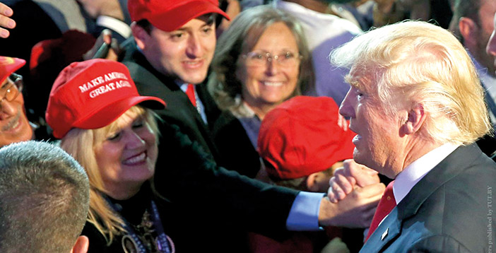 Republican U.S. presidential nominee Donald Trump greets supporters at his election night rally in Manhattan