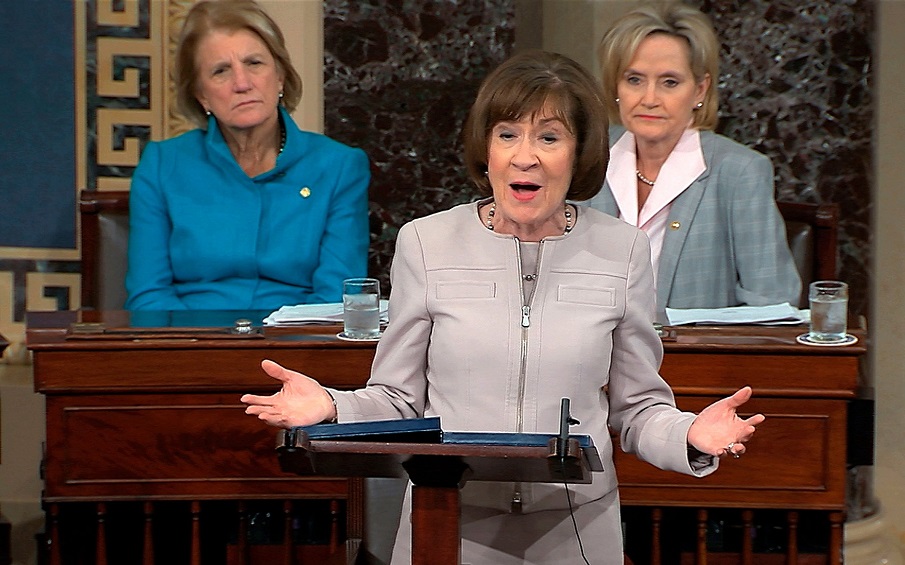Mandatory Credit: Photo by Uncredited/AP/Shutterstock (9915693b) In this image from video provided by Senate TV, Sen. Susan Collins, R-Maine., speaks on the Senate floor about her vote on Supreme Court nominee Judge Brett Kananaugh, in the Capitol in Washington Supreme Court Kavanaugh, Washington, USA - 05 Oct 2018