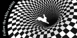 White rabbit runs and falls into a hole. Surreal chess background