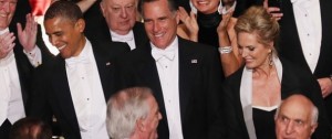 Супруги Ромни - Митт и Энн, президент США Барак Обама на благотворительном обеде Альфреда Смита - 18 октября 2012 г.