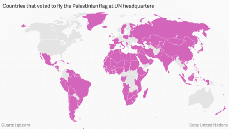Страны, проголосовавшие за поднятие флага ООП в ООН