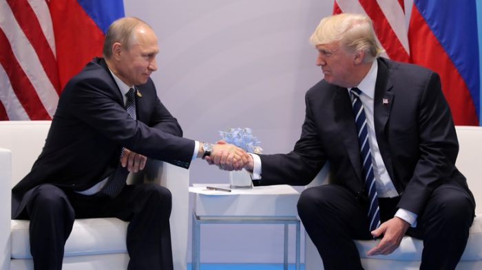 U.S. President Donald Trump shakes hands with Russia's President Vladimir Putin during the their bilateral meeting at the G20 summit in Hamburg