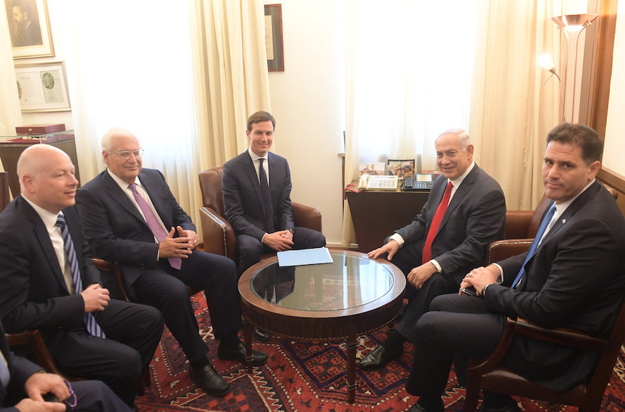 JERUSALEM, ISRAEL - JUNE 21:  (ISRAEL OUT) In this handout photo provided by the Israel Government Press Office (GPO), Israel's Prime Minister Benjamin Netanyahu meets with Jared Kushner on June 21, 2017 in Jerusalem, Israel. (Photo by Amos Ben Gershom/GPO via Getty Images)