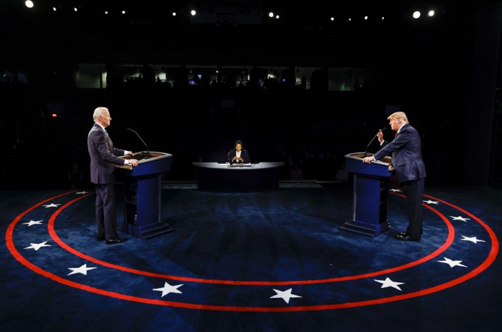 NASHVILLE, TENNESSEE - OCTOBER 22: U.S. President Donald Trump and Democratic presidential nominee Joe Biden participate in the final presidential debate at Belmont University on October 22, 2020 in Nashville, Tennessee. This is the last debate between the two candidates before the November 3 election.  (Photo by Jim Bourg-Pool/Getty Images)