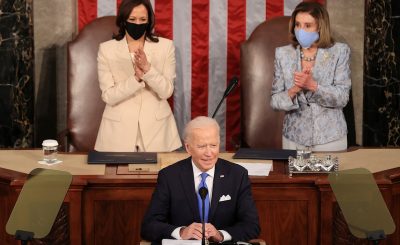 U.S. President Joe Biden addresses a joint session of Congress as President Kamala Harris and Speaker of the House U.S. Rep. Nancy Pelosi (D-CA) react in the U.S. Capitol in Washington, DC, U.S. April 28, 2021. Chip Somodevillaat/Pool via REUTERS