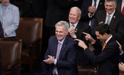 Rep. Kevin McCarthy, R-Calif., smiles after winning the 15th vote in the House chamber as the House enters the fifth day trying to elect a speaker and convene the 118th Congress in Washington, early Saturday, Jan. 7, 2023. (AP Photo/Alex Brandon)